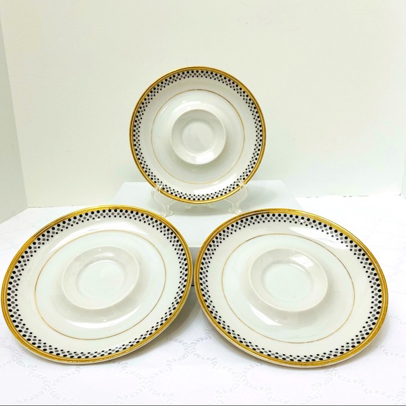 Norleans Gold Symphony 3 Saucers Gold Trim Black Gray Dots On White China - Picture 1 of 7